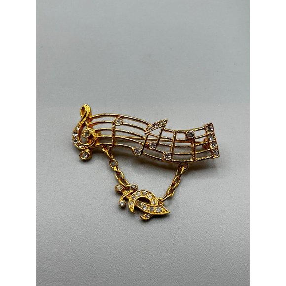 Signed ORA Vintage Musical Pin Brooch with Dangling Charm Gold Tone & Rhinestone - Picture 2 of 5